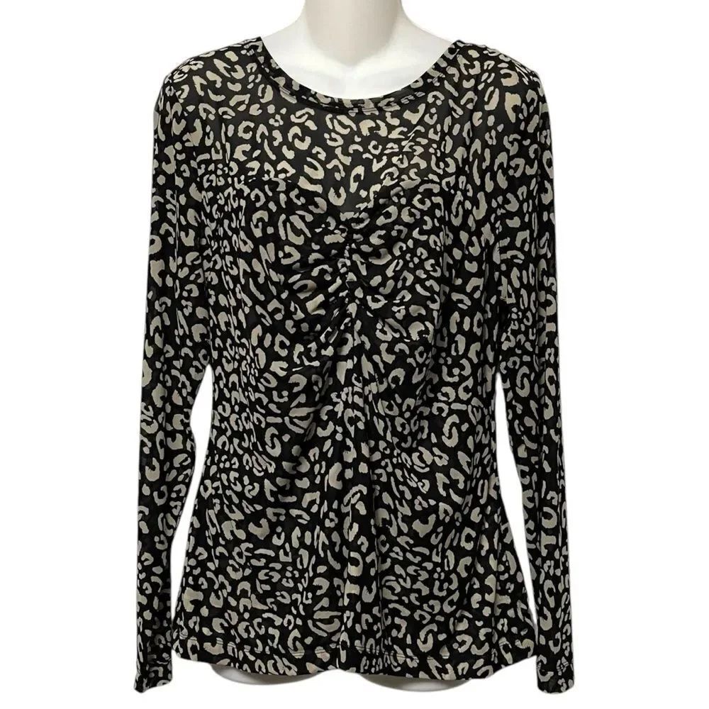 CABI Leopard Print Ruched Mesh Long Sleeve Top L